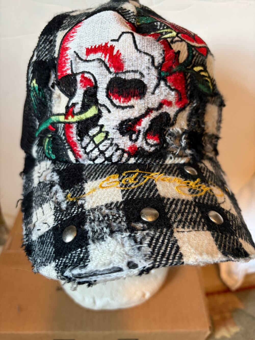 Vntg Y2K Ed Hardy Christian Audigier Skull Rose Plaid Trucker Hat Signed